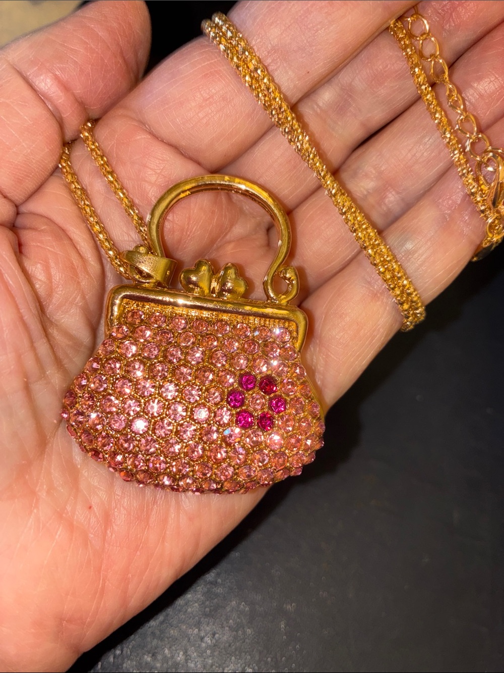 Gold-Tone Pink Crystal Mini Purse Pendant Necklace